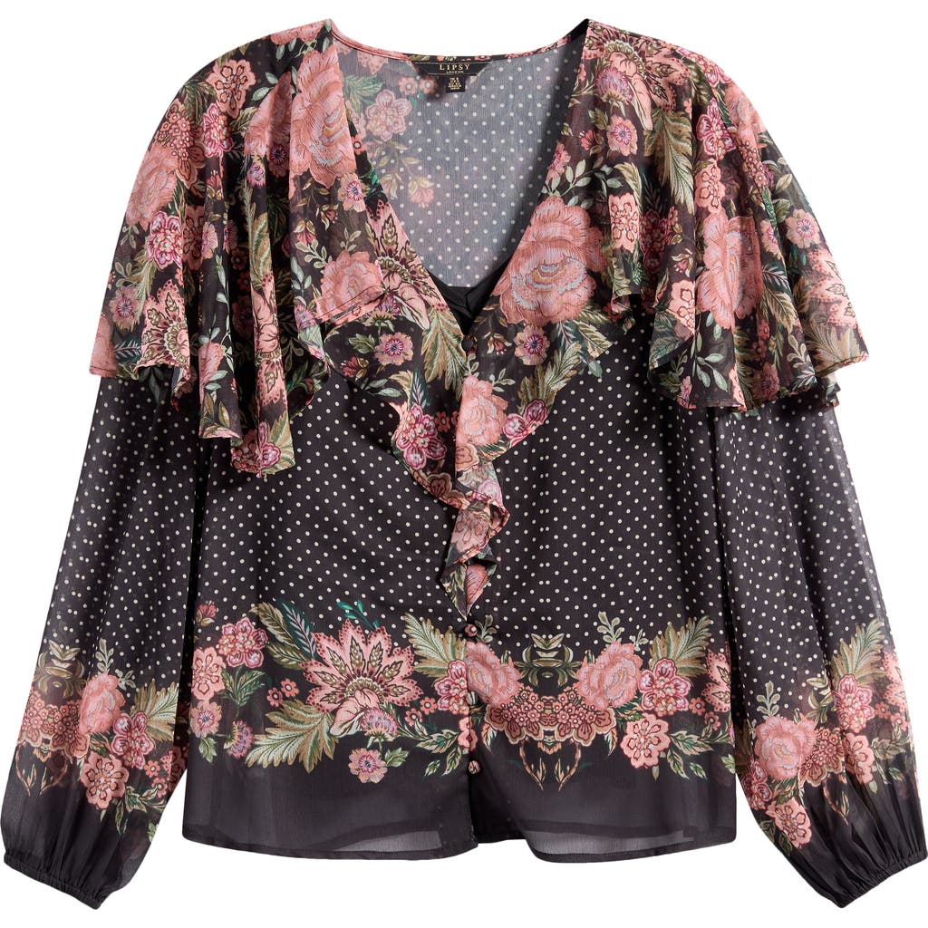 Lipsy Floral Print Ruffle Top In Black