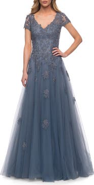 La Femme Tulle A Line Gown with Lace Applique and V Neck