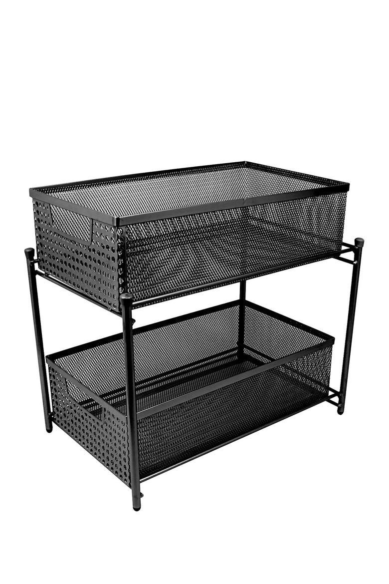 Black 2 Tier Mesh Sliding Drawer Organizer Basket, Main, color, BLACK