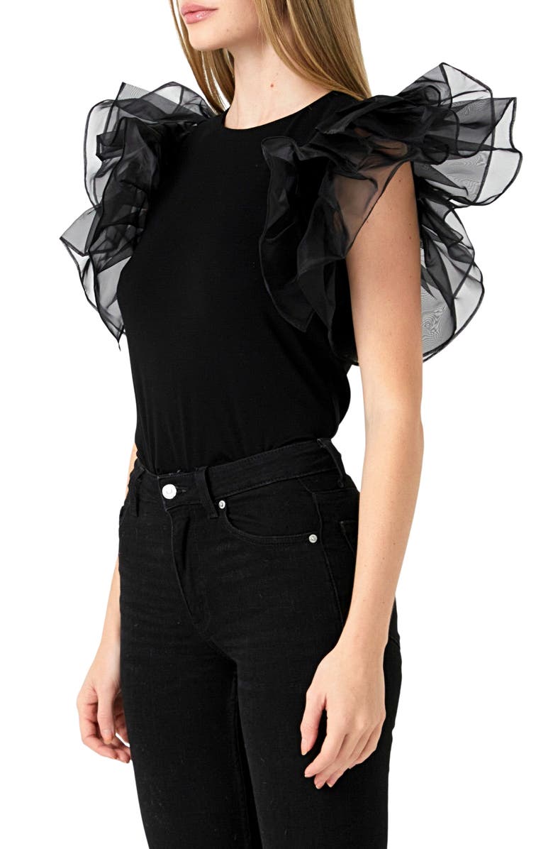 Endless Rose Organza Ruffle Sleeve Top, Alternate, color, Black