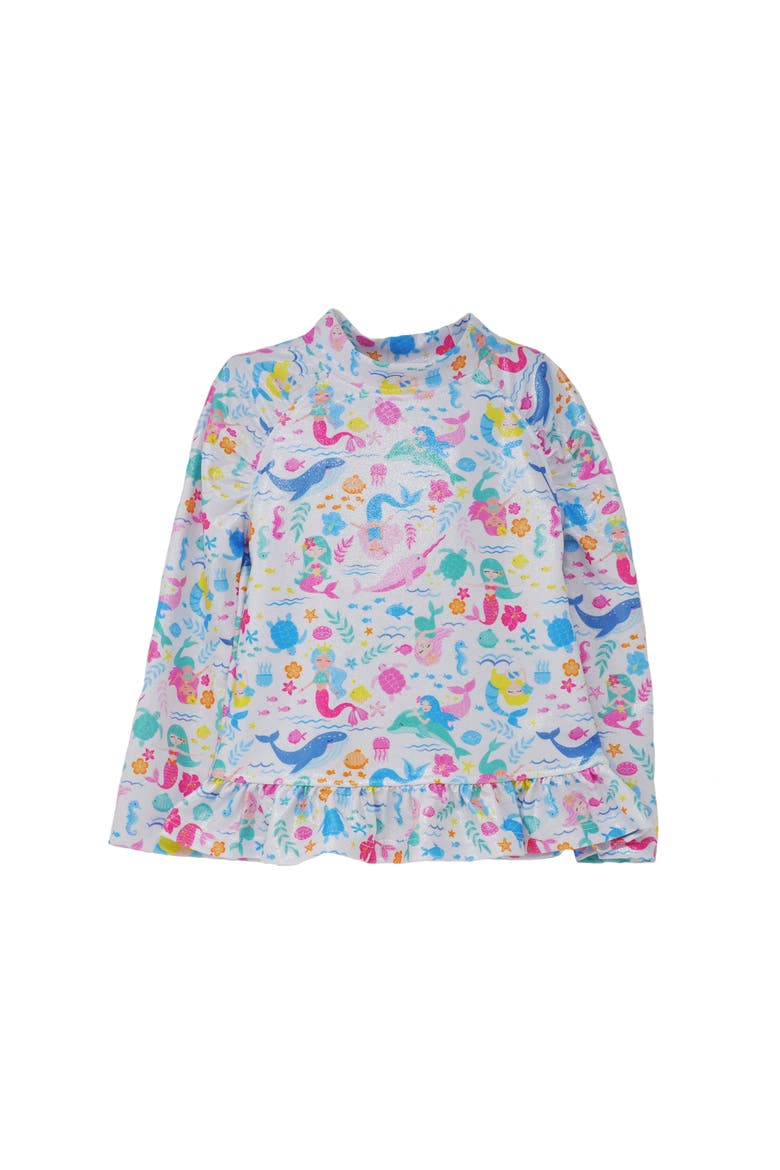 Sustainably Made UPF 50+ Girls' Ruffle Rash Guard Swim Top, Main, color, Mermaid Friends