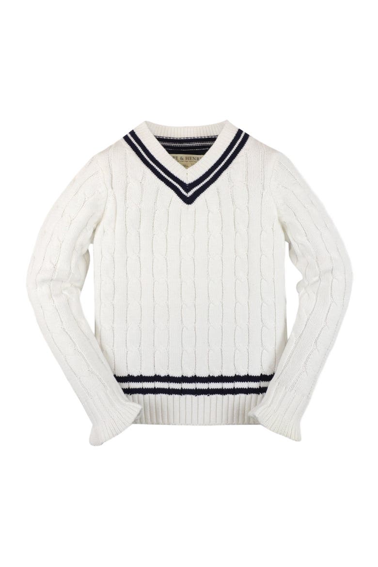 Girls' Ruffle Cuff Cricket Sweater, Kids, Main, color, Soft White Cable with Navy