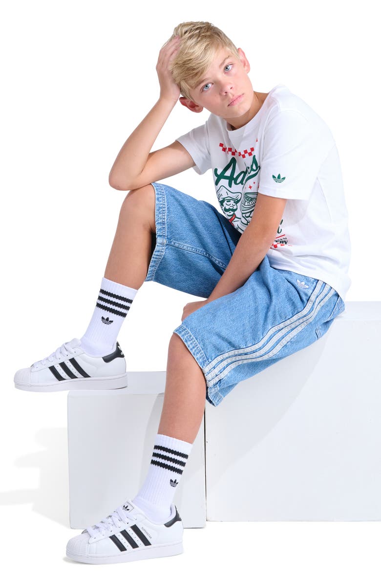 adidas Originals Kids' 3-Stripes Denim Shorts, Alternate, color, Medium Wash Denim