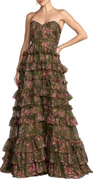 Mac Duggal Strapless Floral Print Tiered Ruffle Ball Gown