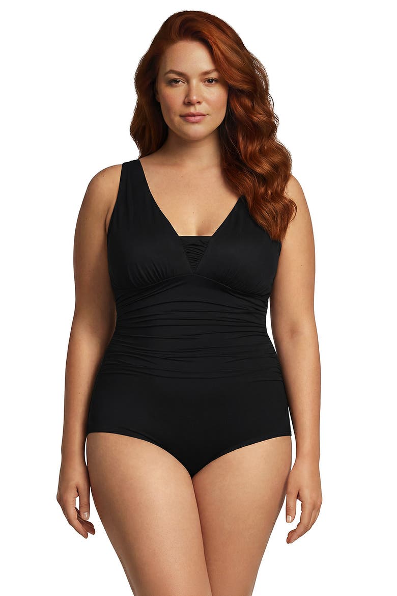 Plus Size Long Torso New SlenderSuit Grecian Adjustable Low Leg One Piece, Main, color, Black