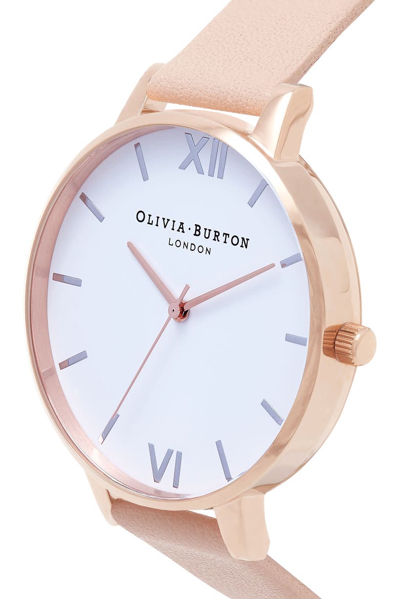 Big Dial Leather Strap Watch, 38mm, Alternate, color, PEACH/ WHITE/ ROSE/ SILVER