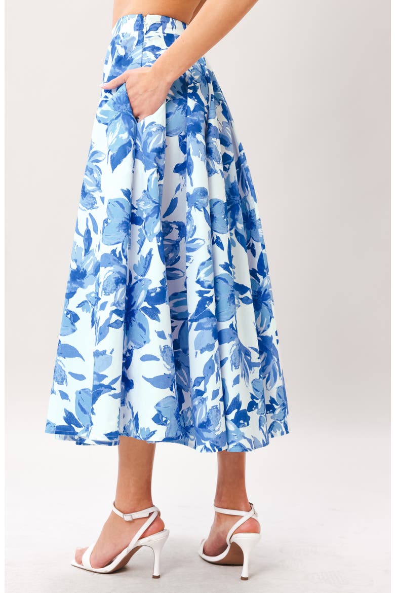 Floral Print Pleated Cotton Twill Midi Skirt, Alternate, color, OFF WHITE BLUE