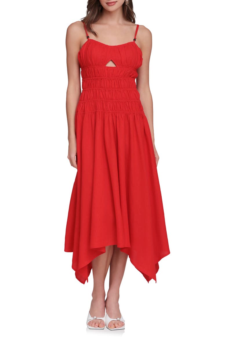 Shirred Handkerchief Midi Dress, Main, color, HOT RED