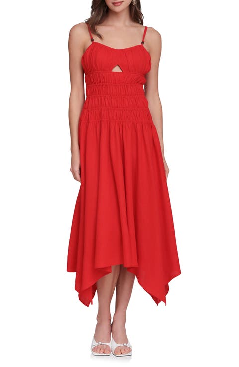Shirred Handkerchief Midi Dress