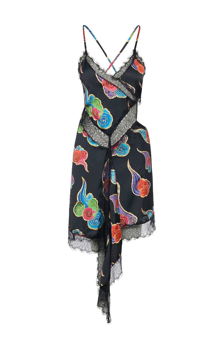 Sora Cloud Print Mini Dress With Lace Trim, Alternate, color, Black