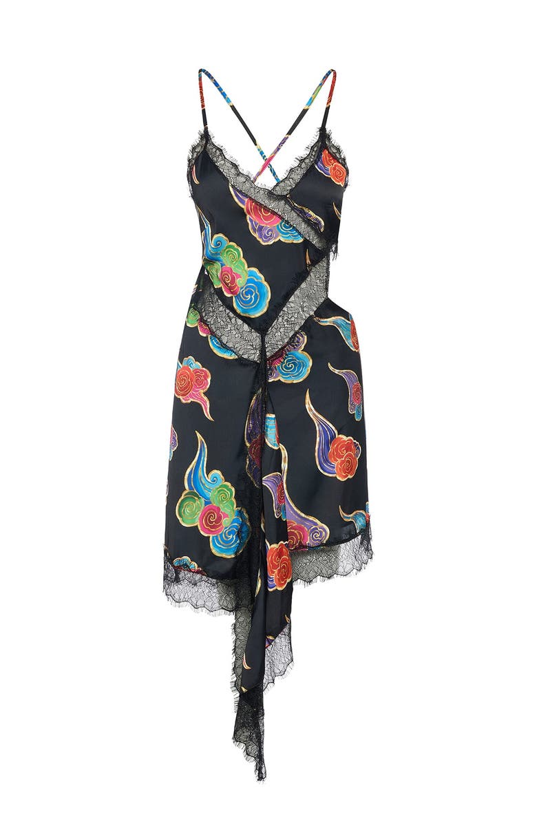 Je Te Veux Sora Cloud Print Mini Dress With Lace Trim, Alternate, color, Black