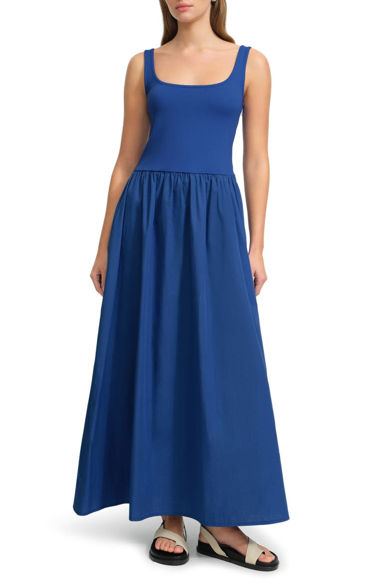 Clara Mixed Media Ponte & Cotton A-Line Dress, Main, color, COBALT