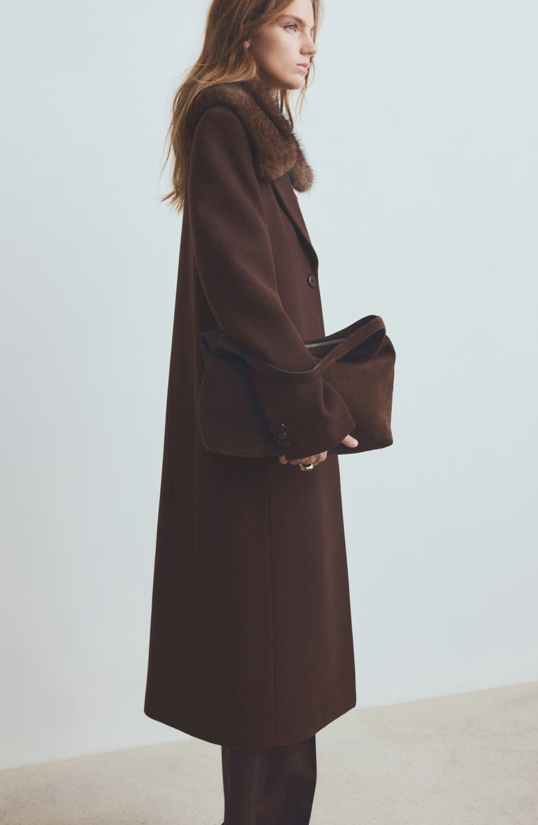 MANGO Lips Wool Blend Coat with Faux Fur Collar, Alternate, color, Chocolate