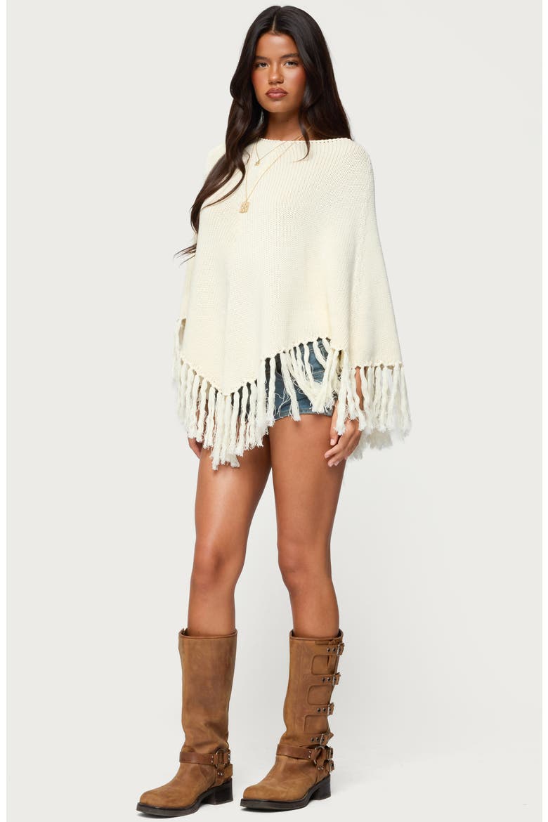 Kamila Fringe Trim Cotton Poncho, Alternate, color, CREAM