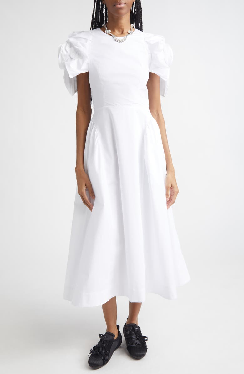 Simone Rocha Rosette Puff Sleeve Cotton Poplin Midi Dress, Main, color, White
