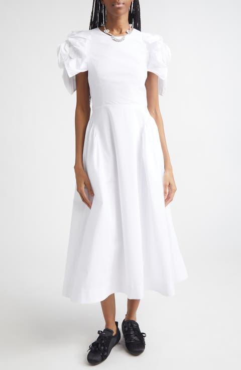 Rosette Puff Sleeve Cotton Poplin Midi Dress