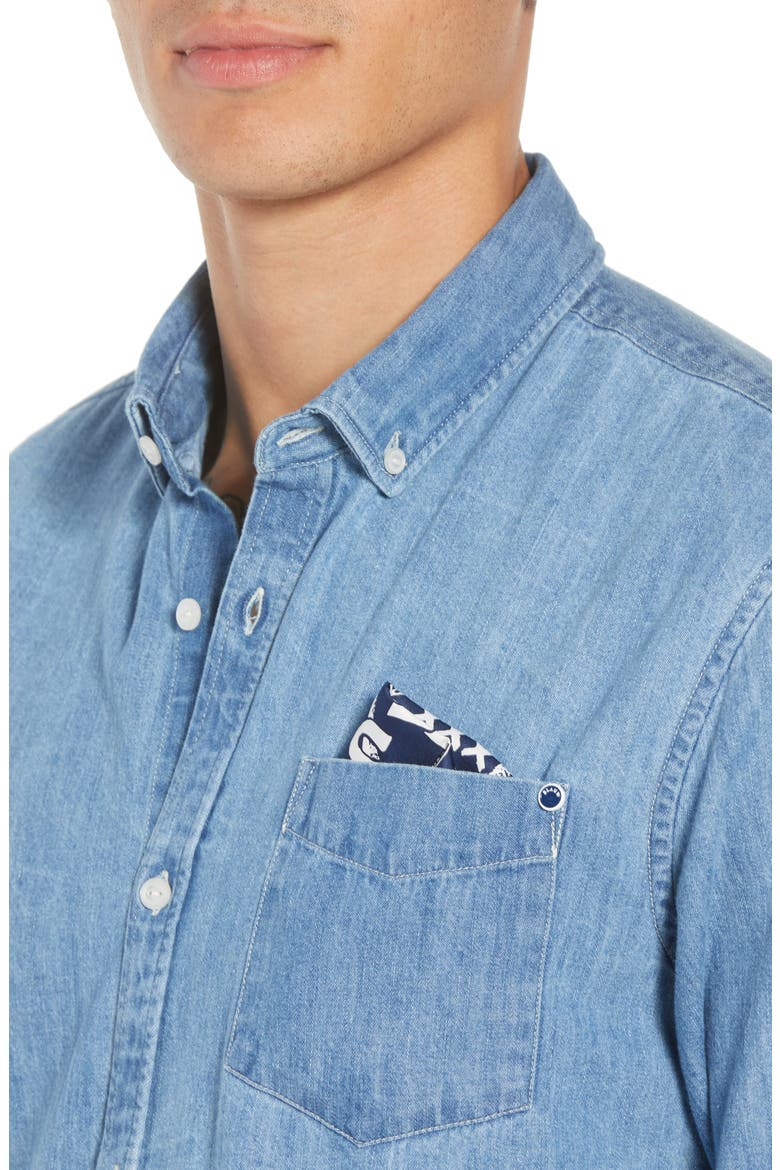 Amsterdams Blauw Pocket Square Chambray Sport Shirt, Alternate, color, DENIM BLUE