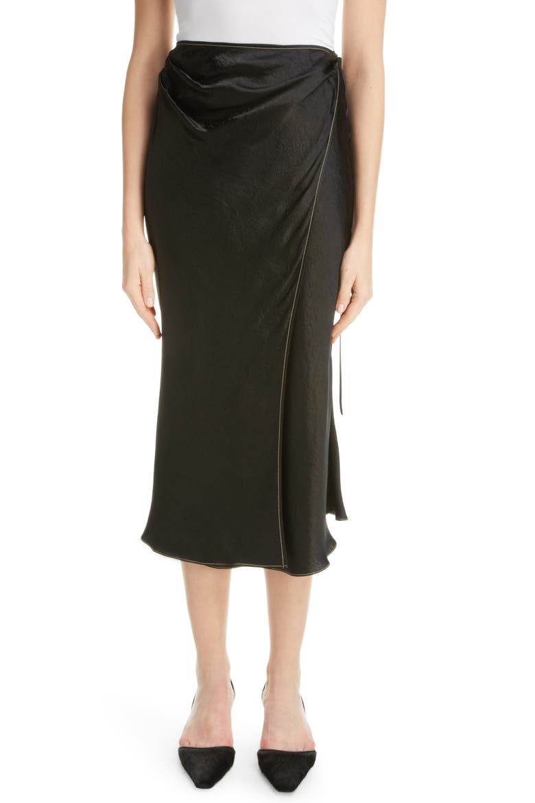Iala Topstitch Satin Wrap Skirt, Main, color, BLACK