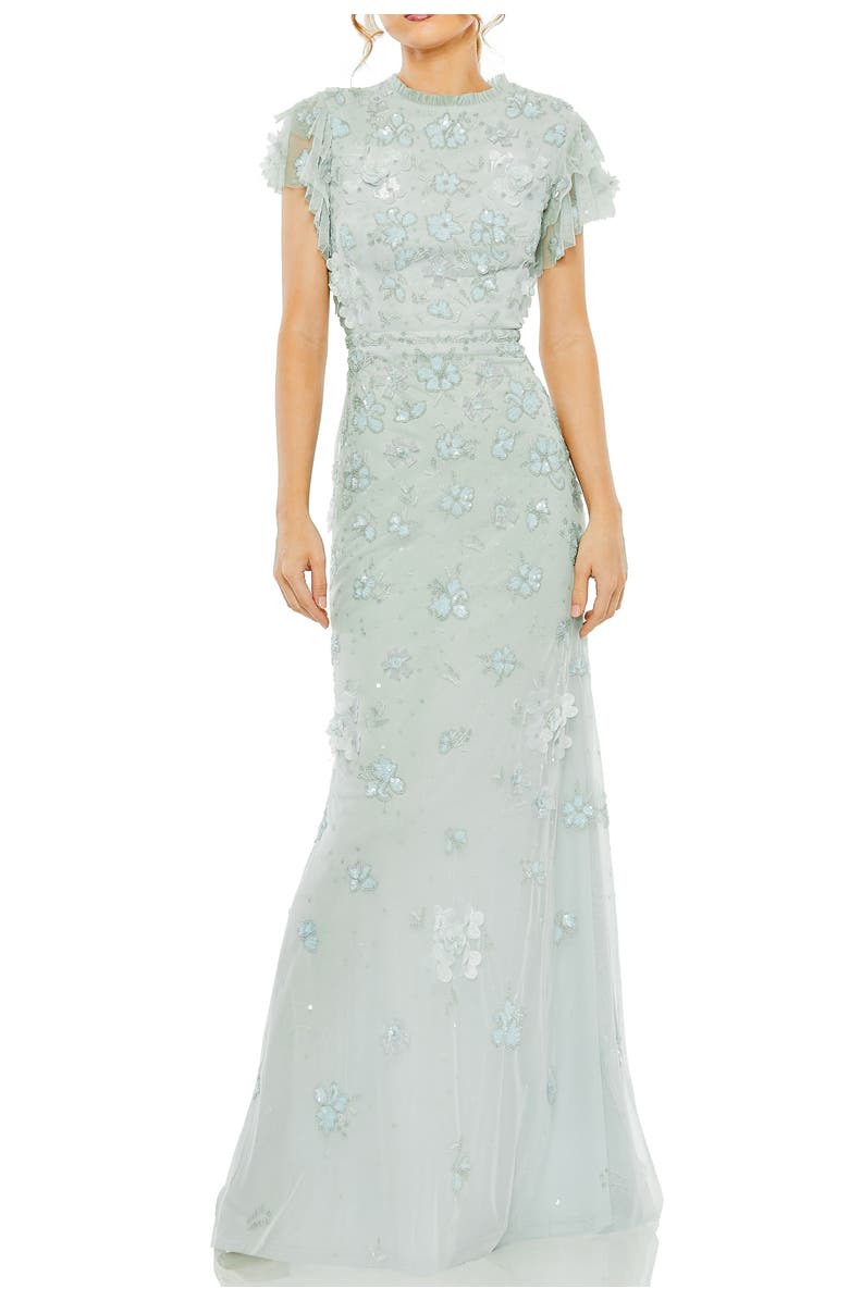 Mac Duggal Floral Embellished High Neck Flutter Sleeve Gown, Main, color, Periwinkle