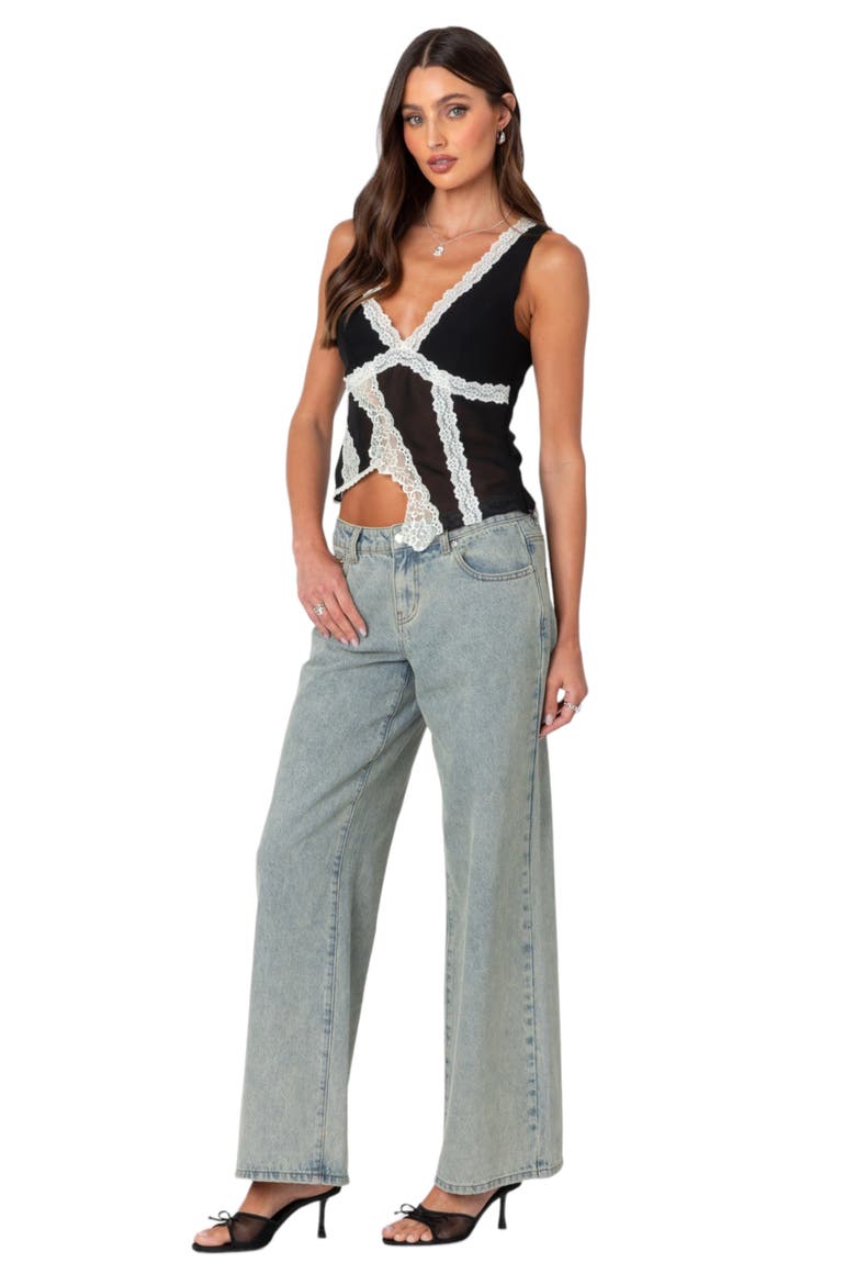 Asymmetric Lace Trim Chiffon Tank Top, Alternate, color, BLACK-AND-WHITE
