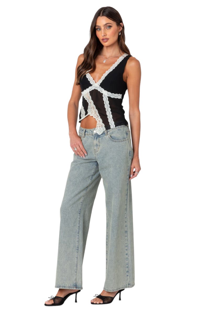 EDIKTED Asymmetric Lace Trim Chiffon Tank Top, Alternate, color, Black-And-White