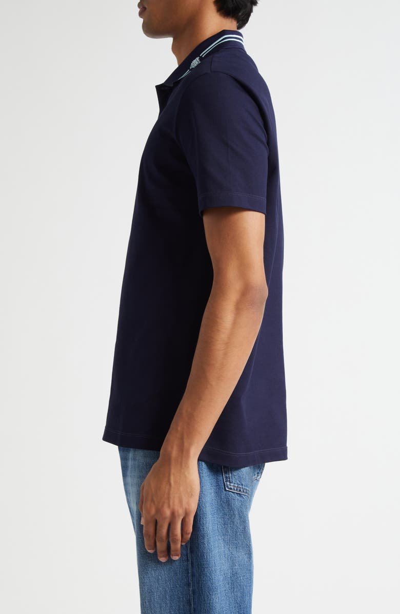 Versace Stripe Collar Cotton Piqué Polo, Alternate, color, Navy Blue
