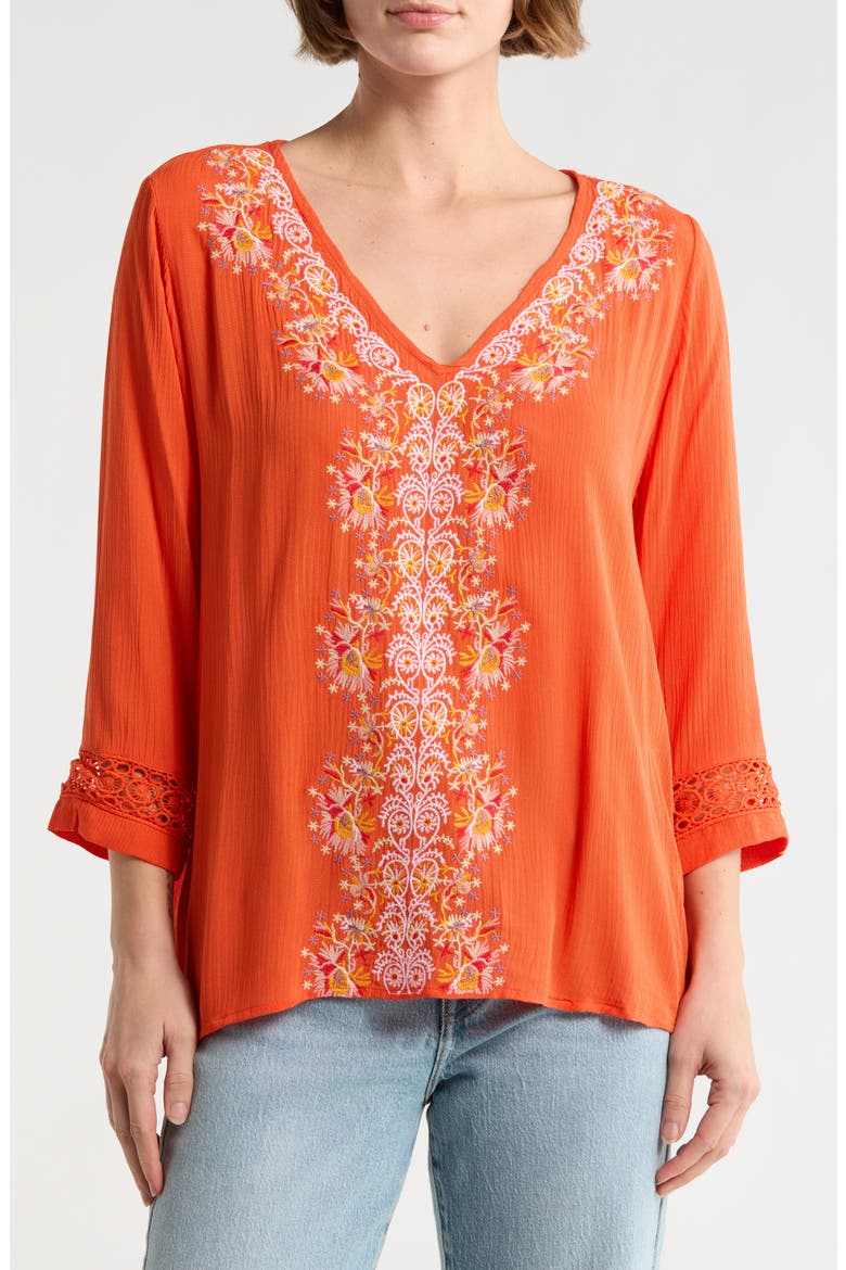 Embroidered V-Neck Top, Main, color, CORAL/ TIGERLILY