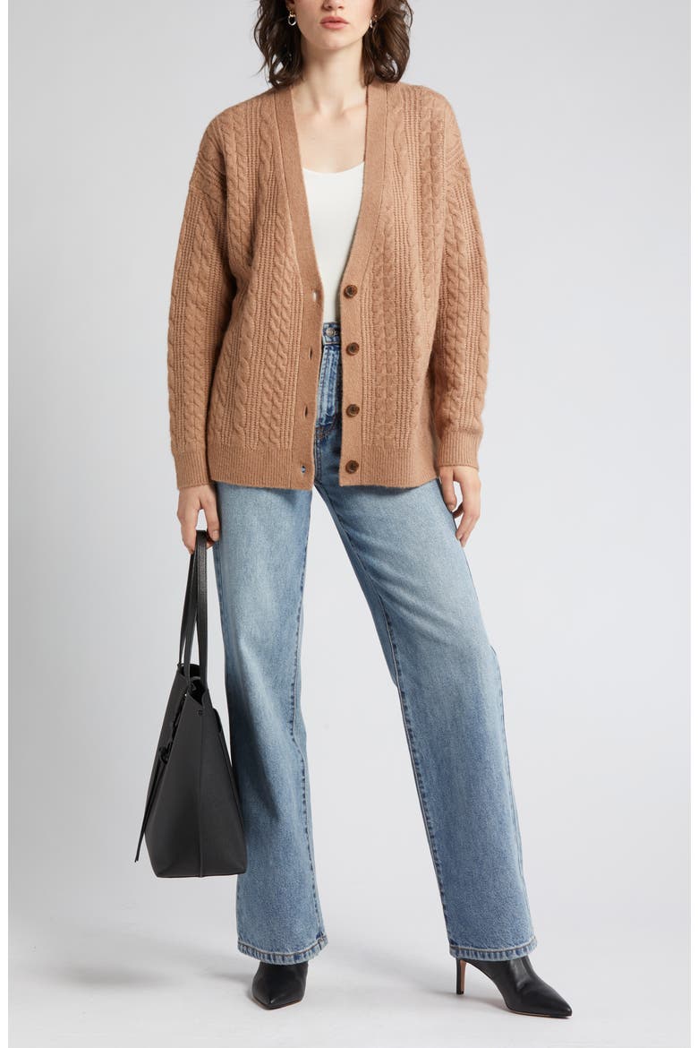 Cable Stitch Oversize Button-Up Sweater, Main, color, TAN SMOKE