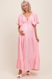 PinkBlush Woven Textured Flutter Sleeve V-Neck Tiered Maxi Dress