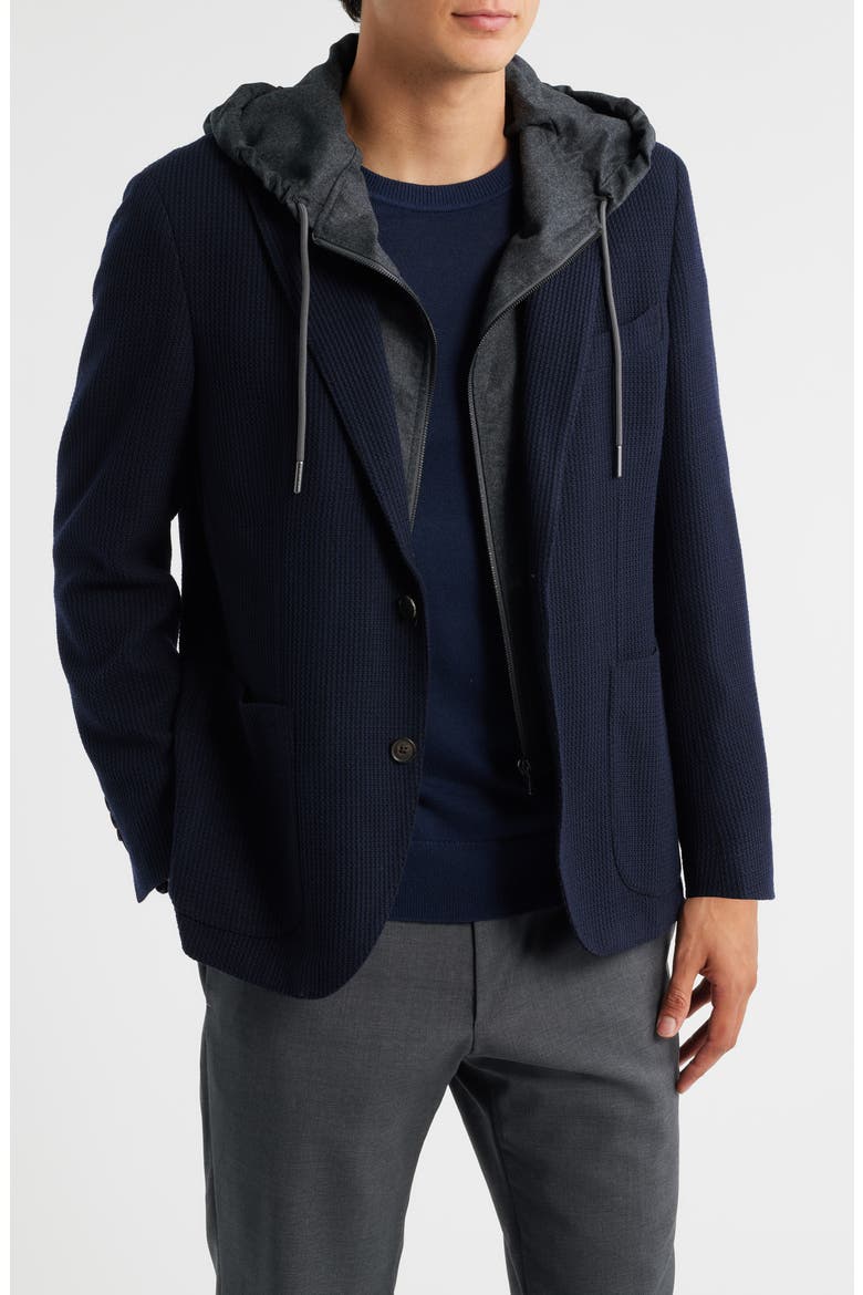 Wolsey Navy Rib Knit Wool Sport Coat with Removable Hooded Bib, Main, color, NAVY