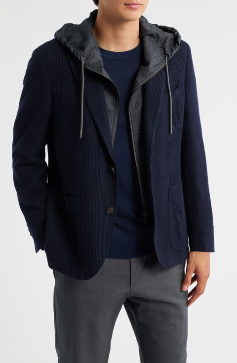 Wolsey Navy Rib Knit Wool Sport Coat with Removable Hooded Bib