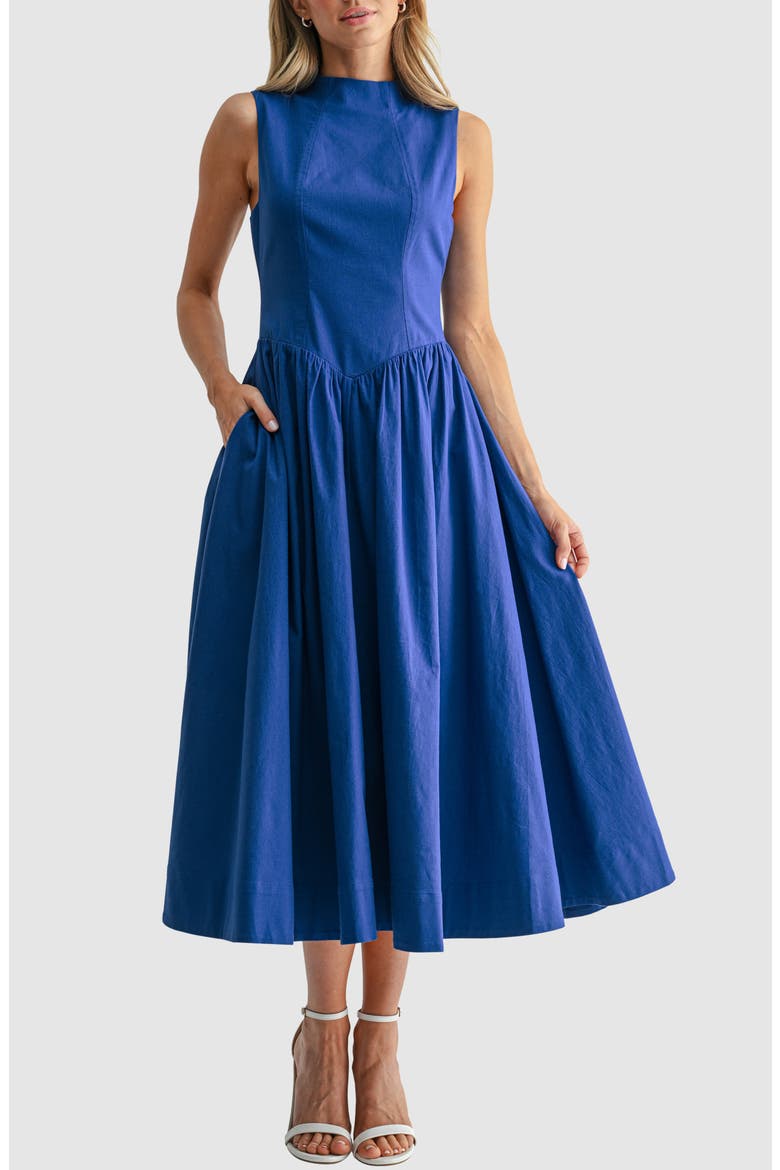 Mock Neck Drop Waist Fit & Flare Midi Dress, Main, color, COBALT
