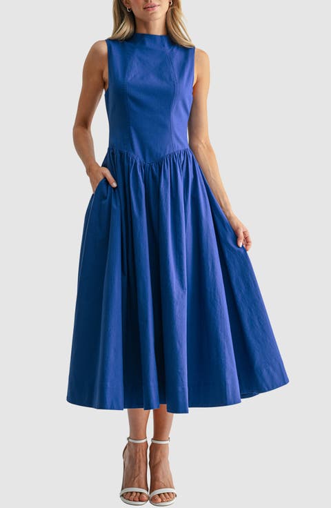 Mock Neck Drop Waist Fit & Flare Midi Dress