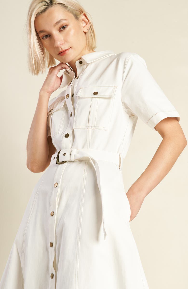 FREEMARKET Belted Cotton Denim Midi Shirtdress, Alternate, color, Off White