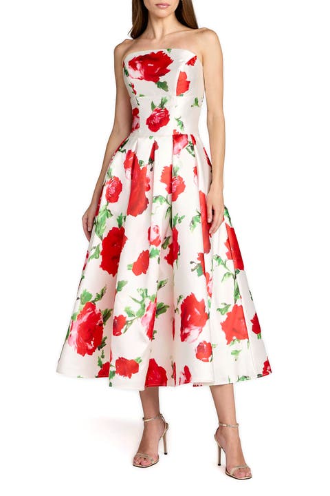 Strapless Floral Printed A Line Midi Dress