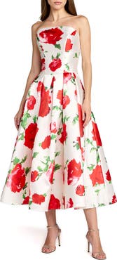 Mac Duggal Strapless Floral Printed A Line Midi Dress
