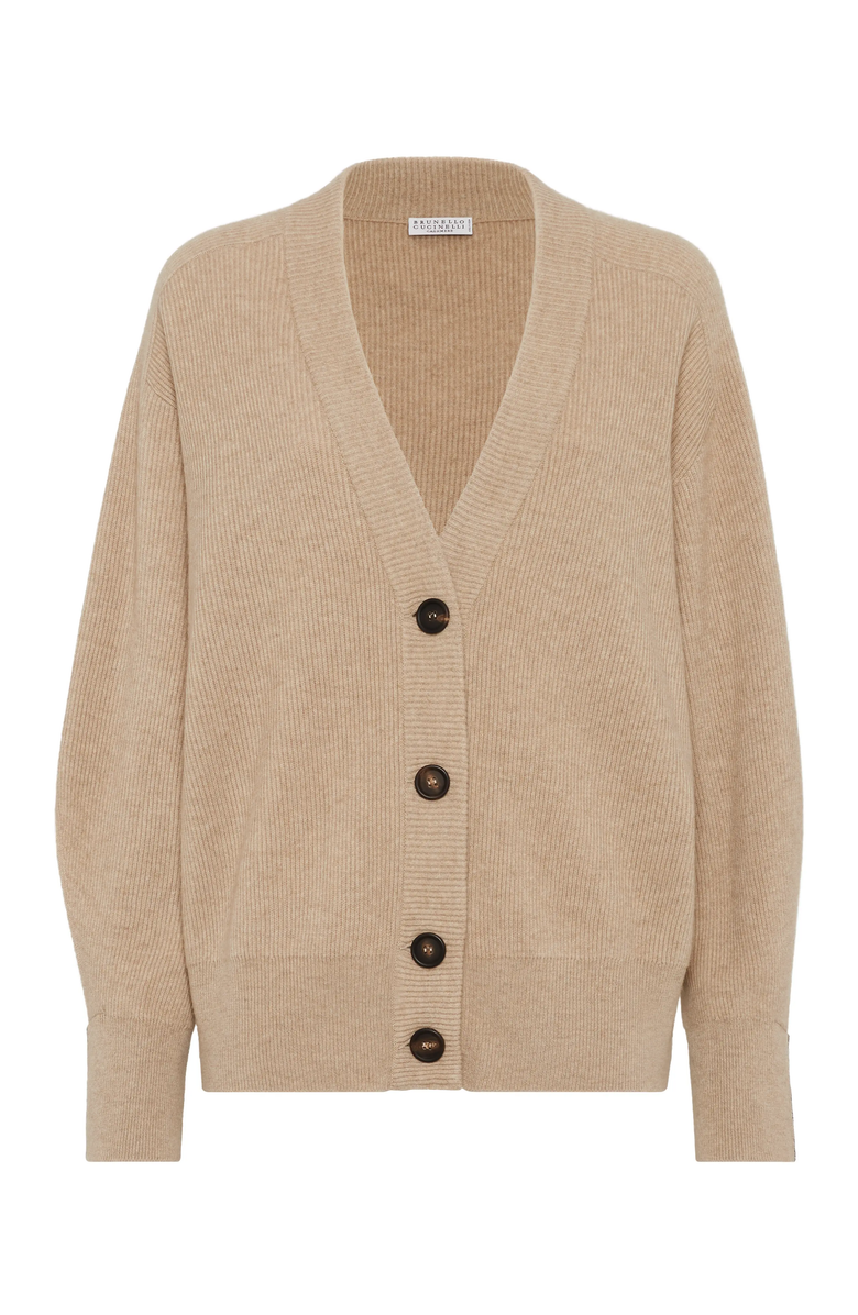 Brunello Cucinelli Cashmere English rib cardigan with shiny cuff details, Main, color, 