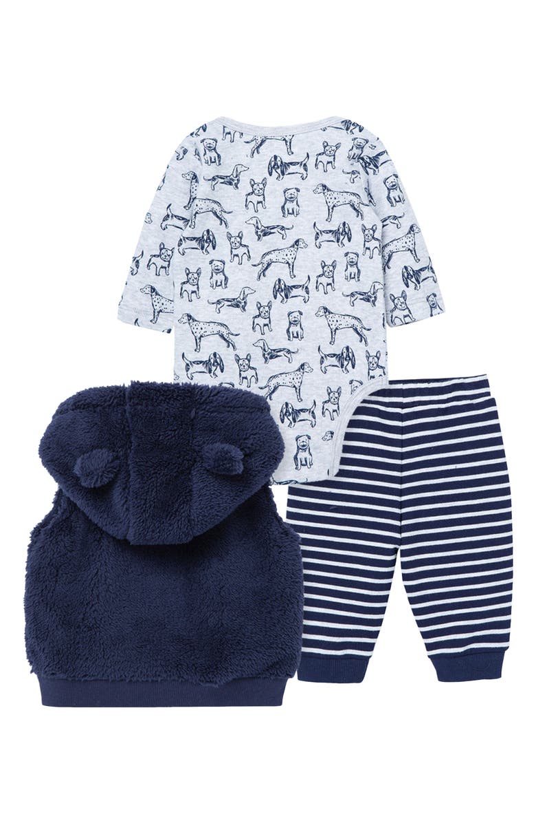 Little Me Puppies Faux Fur Fleece Hooded Vest, Long Sleeve Bodysuit & Joggers Set, Alternate, color,