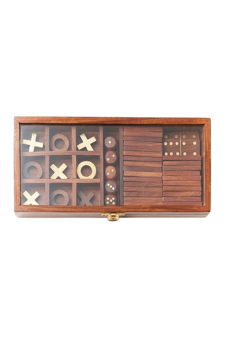 3-in-1 Game Set Dice, Dominoes, Tic Tac Toe - Handcrafted Wood, Main, color, Brown
