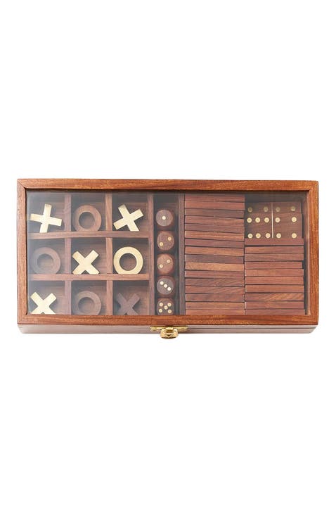 3-in-1 Game Set Dice, Dominoes, Tic Tac Toe - Handcrafted Wood