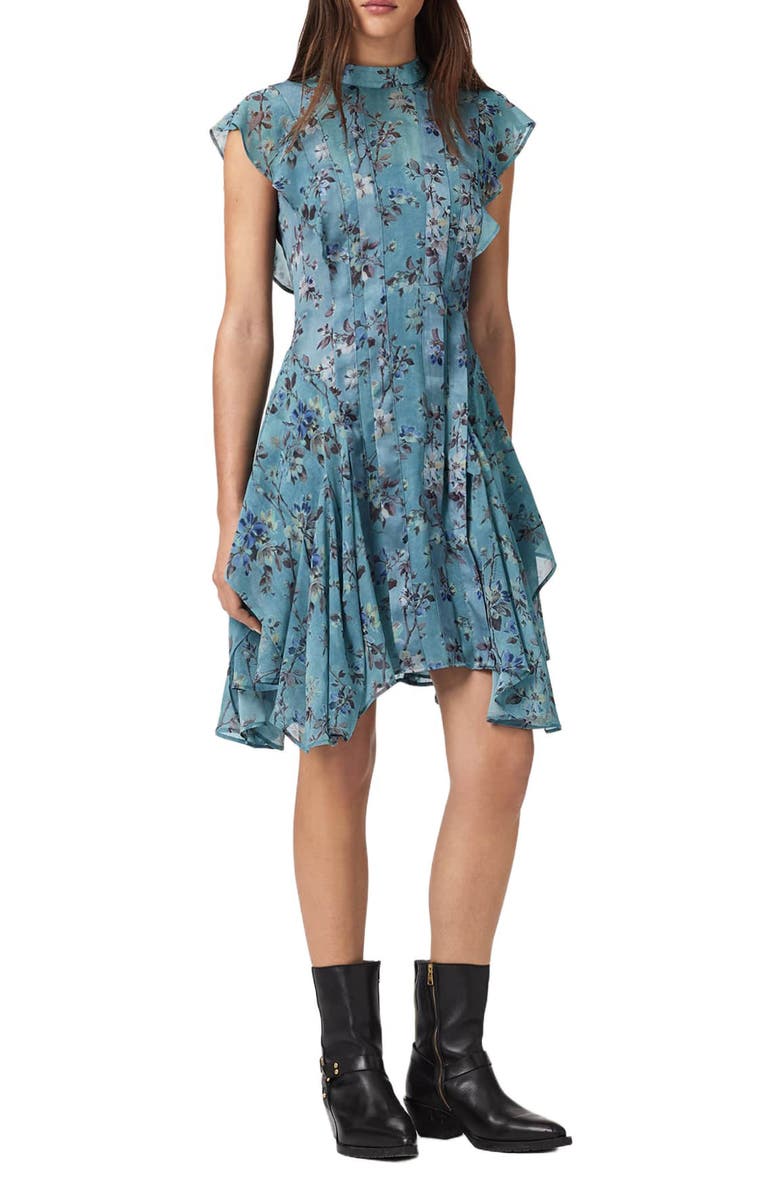 AllSaints Fleur Handkerchief Hem Dress, Main, color, Vine Lake Blue