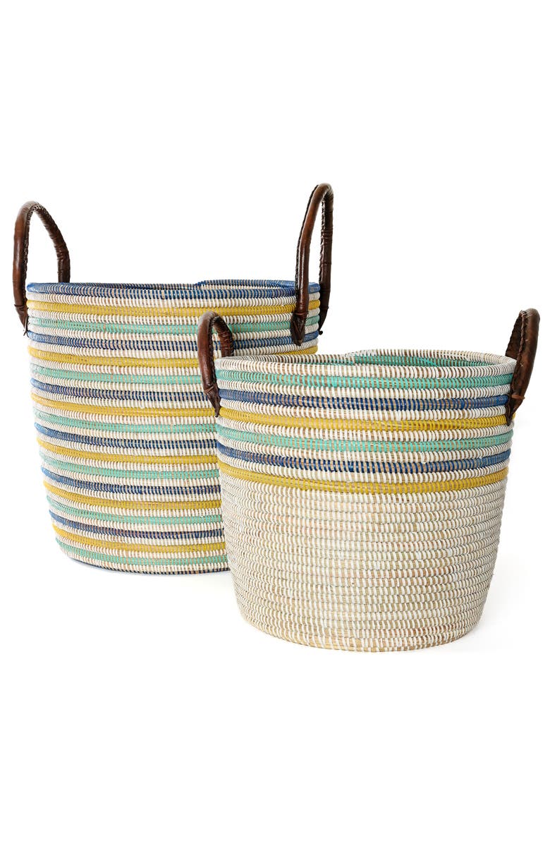 African Modern Set of Two Malika Beach Nesting Baskets with Leather Handles, Alternate, color, Natural