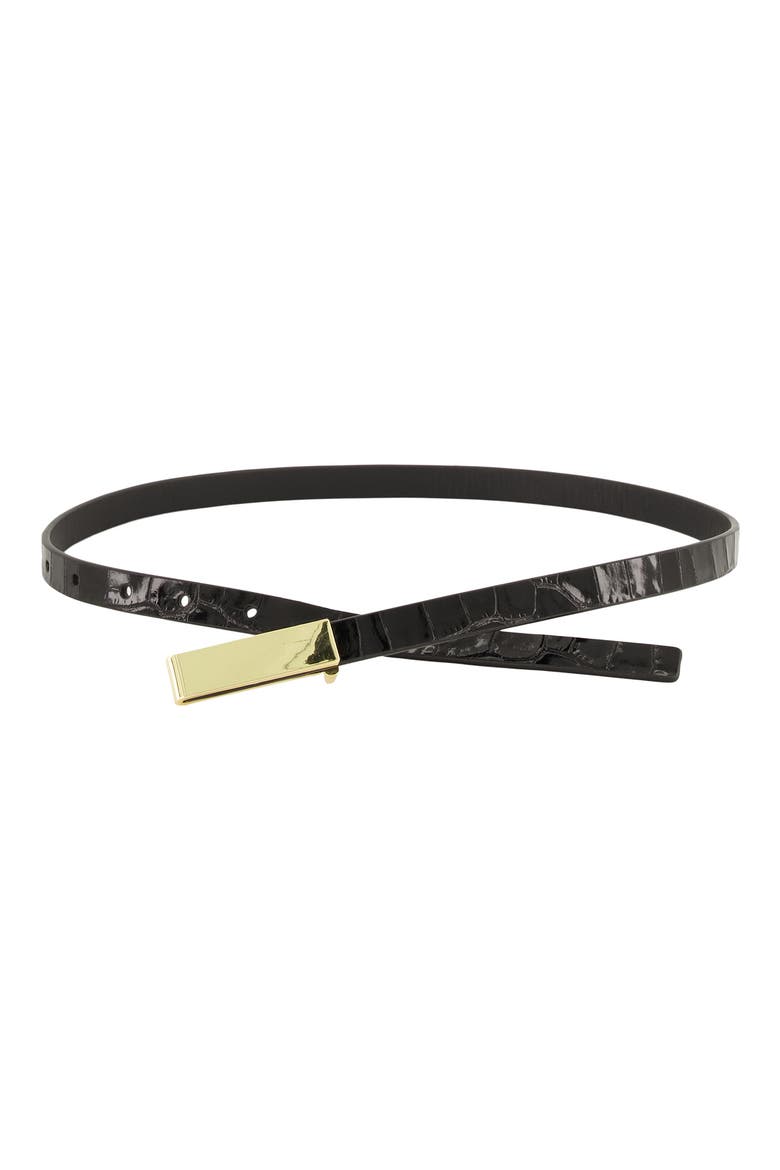 Skinny Croc Embossed Leather Belt, Alternate, color, BLACK