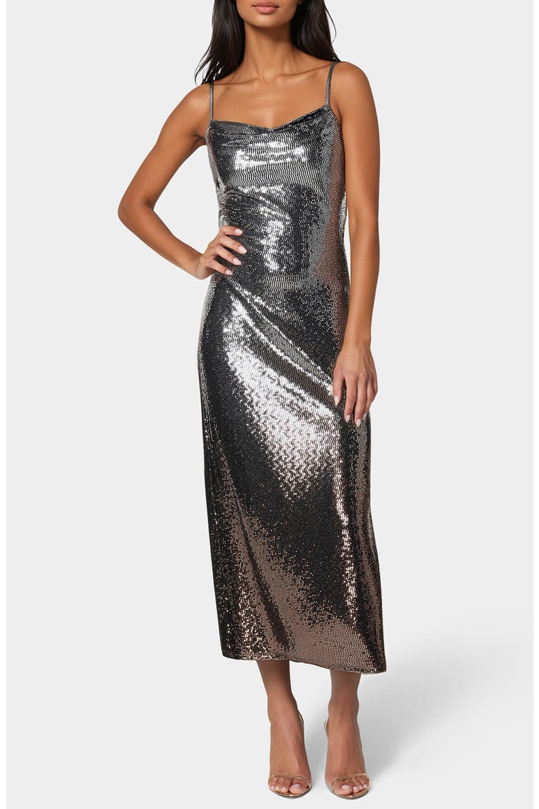 Ombré Metallic Dot Print Midi Dress, Main, color, SILVER/ BLACK
