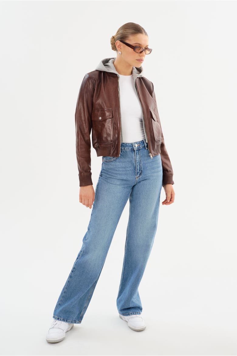 CANDACE | Leather Bomber Jacket, Alternate, color, Chocolate Brown/Heather Grey