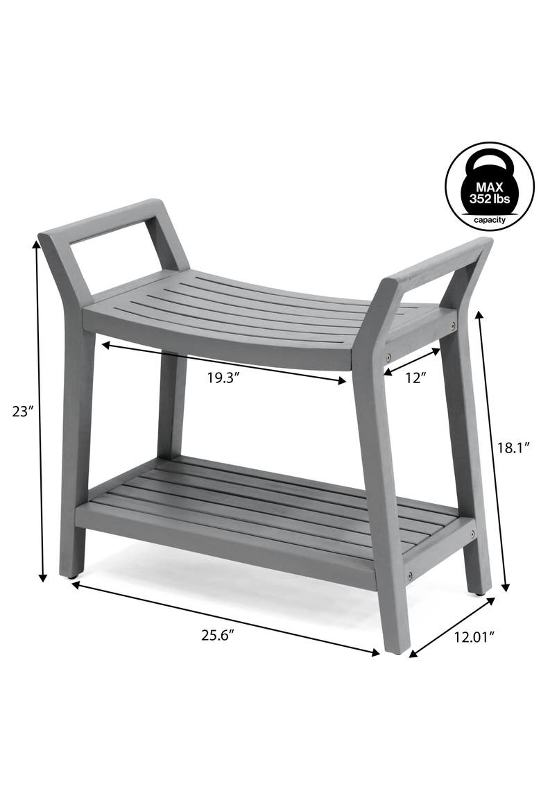 Orla Modern Acacia Wood Shower Bench with 2-Tier Storage Shelf, Spa Bath Stool Seat for Bathroom Indoor/Outdoor, Alternate, color, Gray