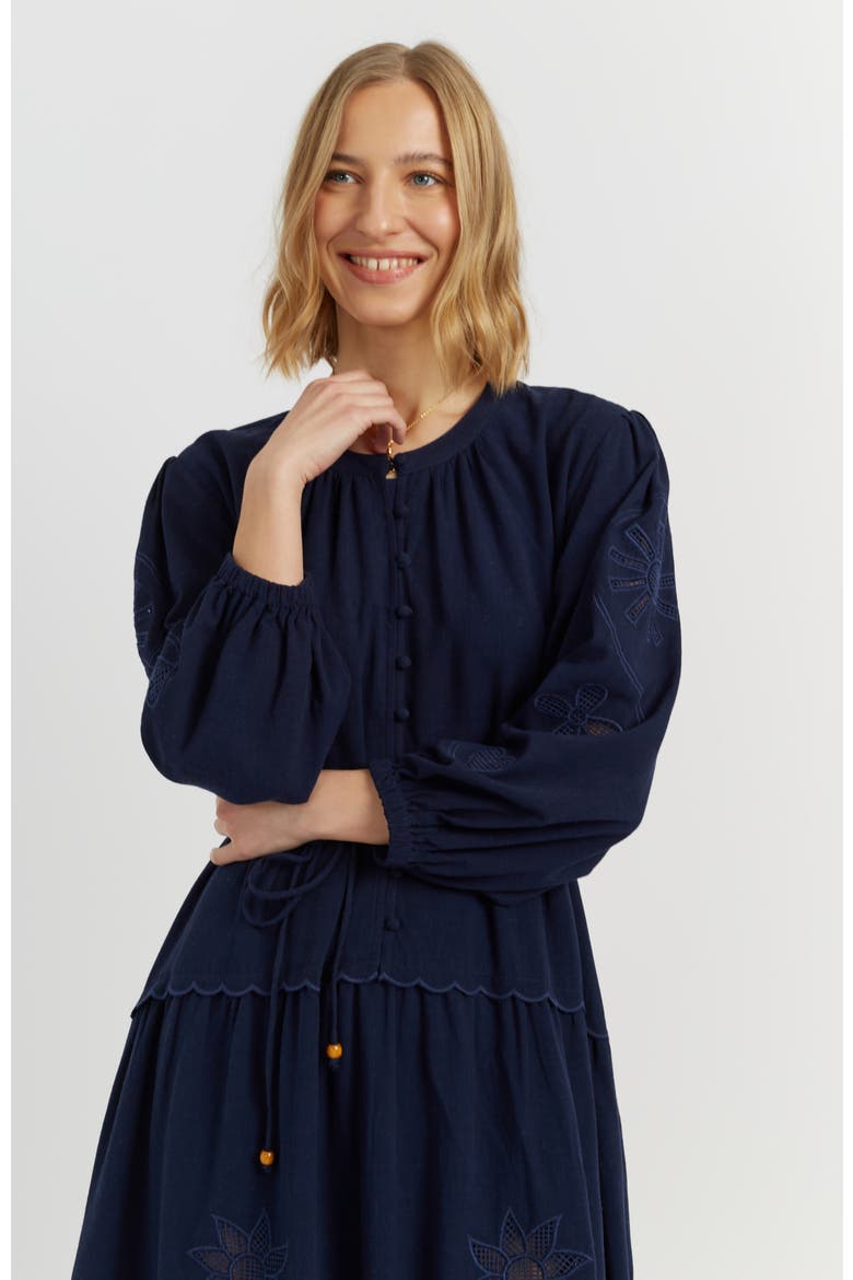 Sienna Linen-Blend Broderie Dress, Alternate, color, Navy