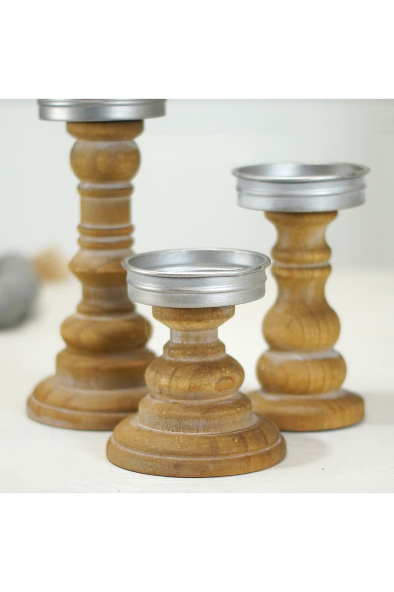Wood Brown Turned Tapered Candle Holders, 8 Inch Decorative Candle Holder Set of 3, Alternate, color, Brown