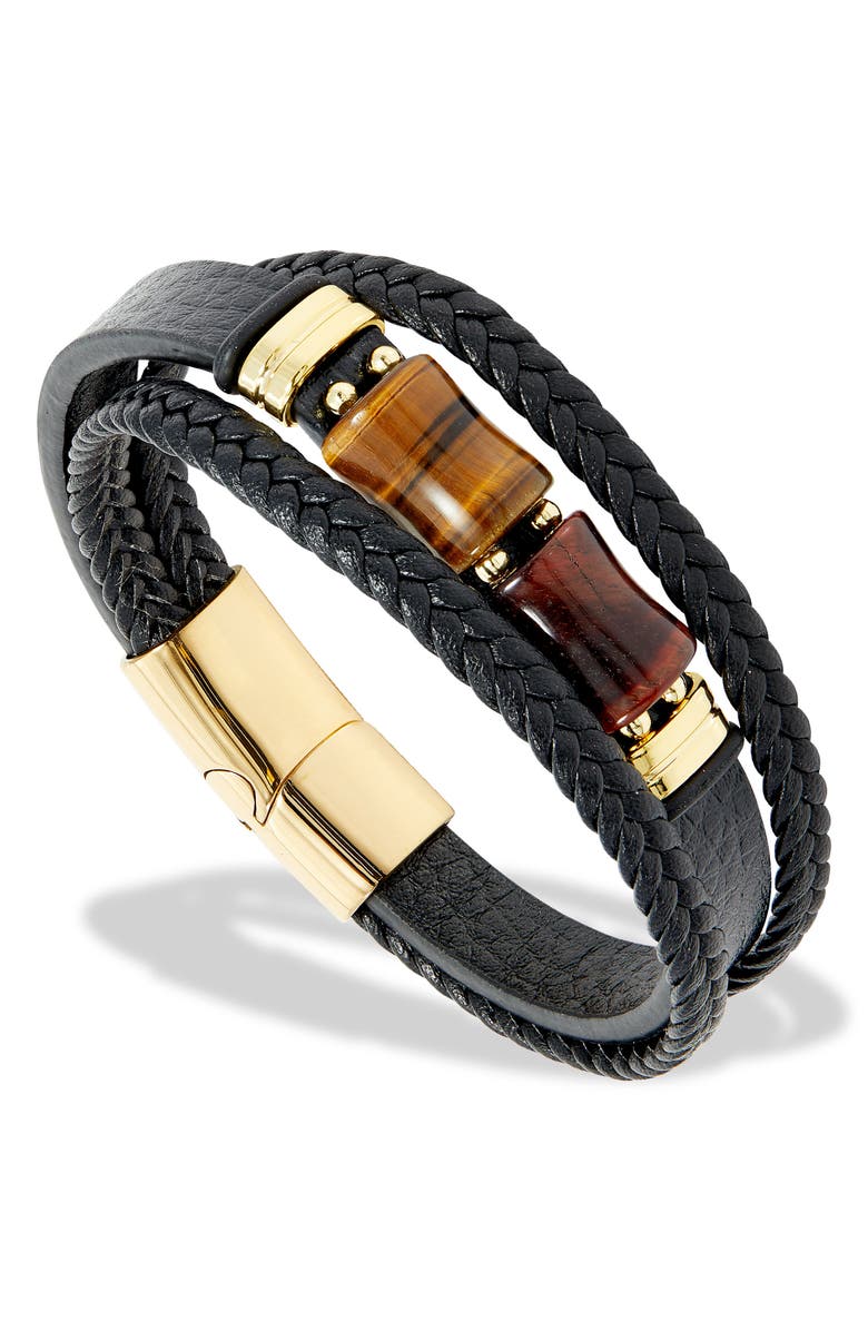 SAVVY CIE JEWELS Men's Braided Leather Tiger's Eye Bracelet, Alternate, color, Black