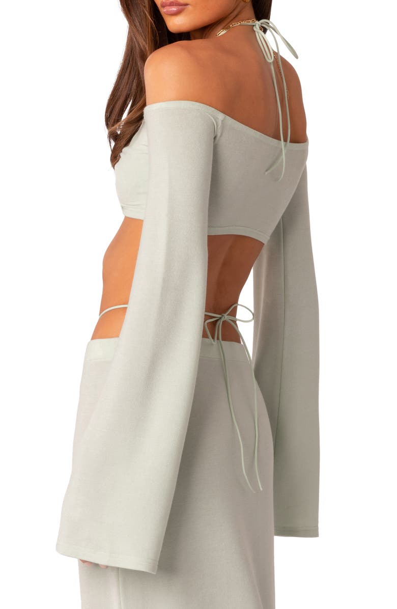 EDIKTED Celeste Off the Shoulder Twist Long Sleeve Crop Top, Alternate, color, Green